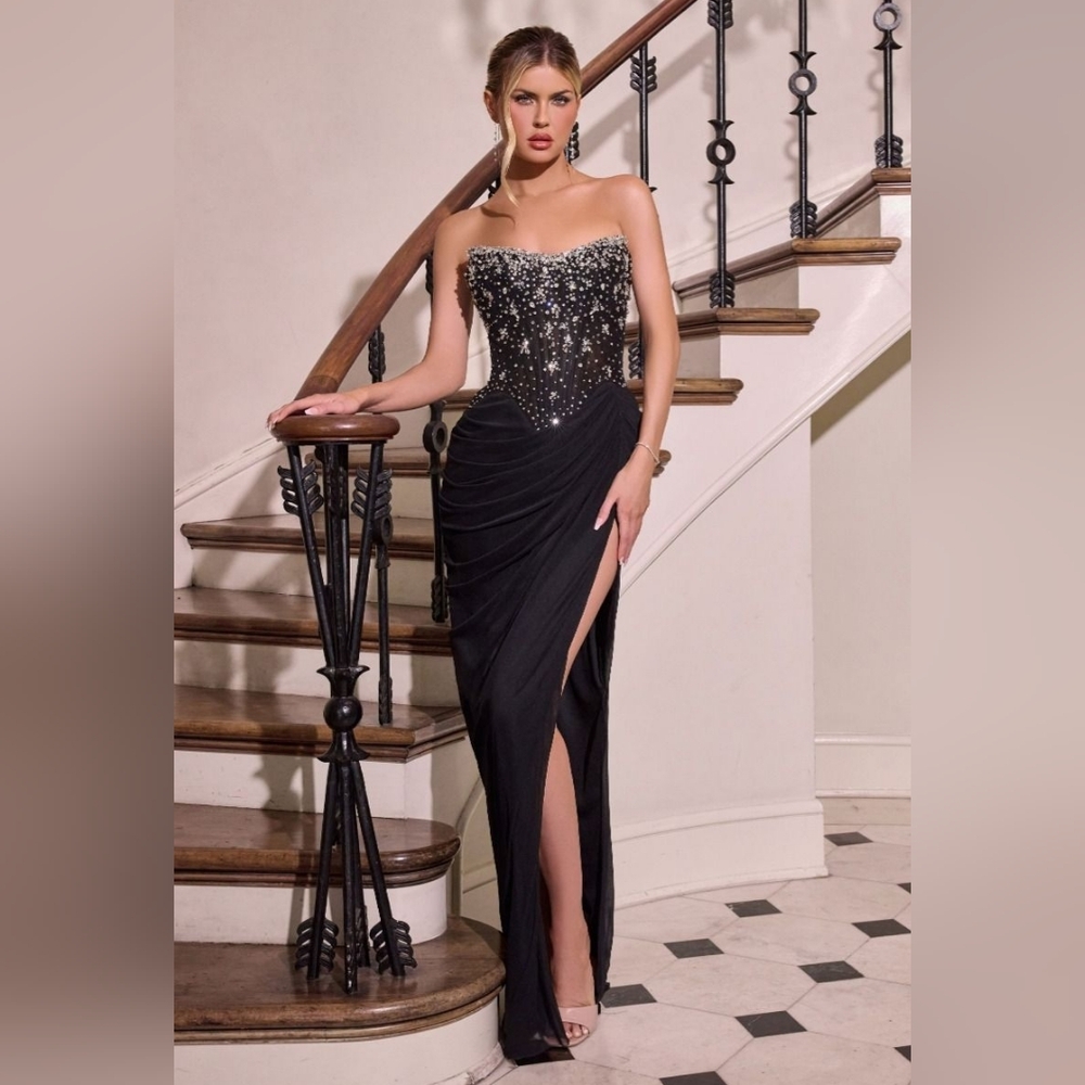 Strapless Crystal-Embellished Burgundy Evening Dress CD407 - Picture 7 of 7
